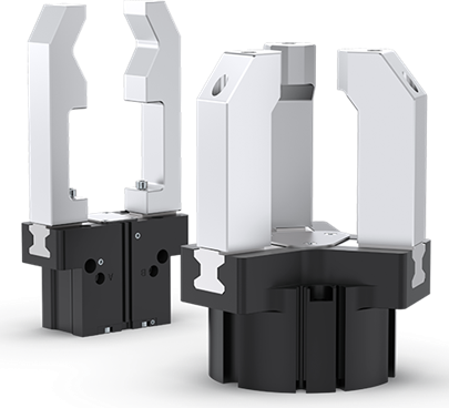 Industrial robotic gripper fingers on black background