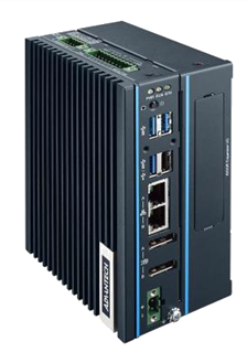 Blue fanless industrial embedded computer with ports