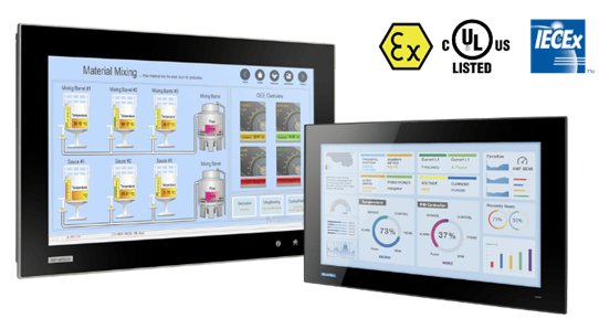 Industrial touchscreen panels displaying mixing process dashboards