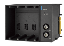 Black PCIe capture card with three BNC connectors