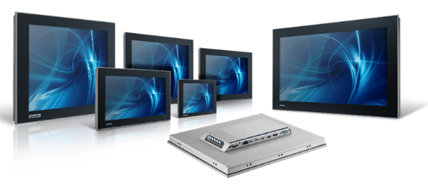 Multiple flat panel monitors with blue abstract wallpaper