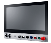 Industrial touchscreen display with knobs and colored buttons