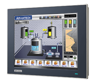 Industrial touchscreen HMI displaying process control schematic