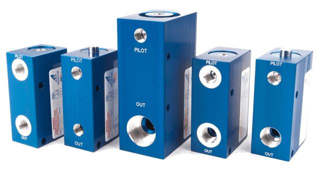 Three blue industrial sensors labeled PLOT and OUT with connectors.