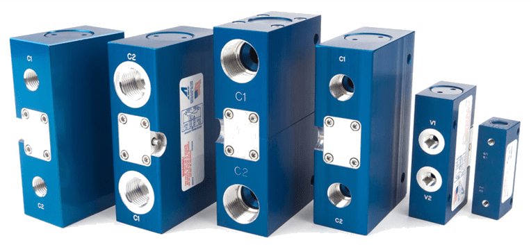 Three blue rectangular metal blocks with holes and labels.