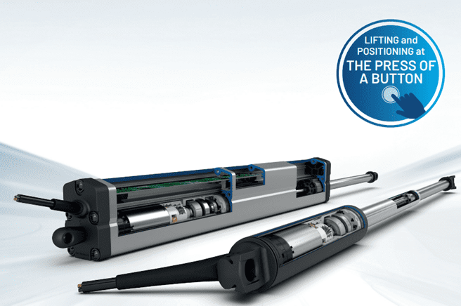 Detailed view of two industrial pneumatic lifting cylinders with components exposed.