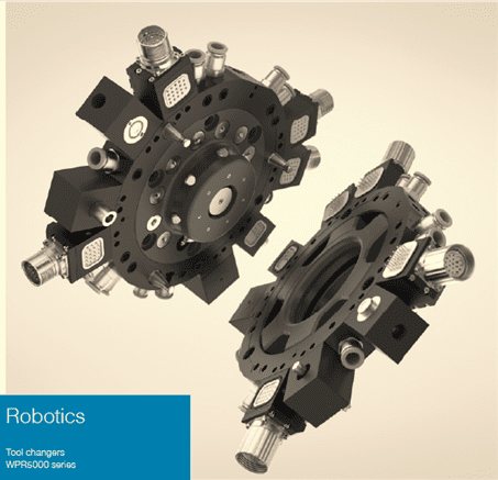 Two complex robotic grippers with multiple fingers and sensors.