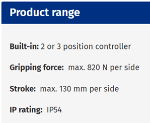 Technical specs detailing controller, gripping force, stroke, and IP rating.