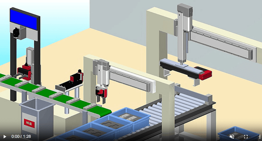 Automated robotic arms sorting items on a conveyor belt in a manufacturing setup.