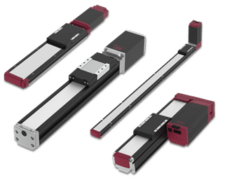 Four black and red linear actuator devices with metal rails and motor units.