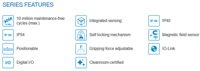 gep2000 features pic Icons representing integrated sensing, self-locking mechanism, adjustable gripping force, and cleanroom certification.