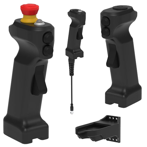 Interchangeable black joystick grips with a red button.