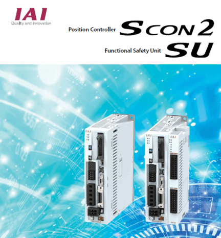 Two white SCON2 SU safety controllers on a digital blue background.