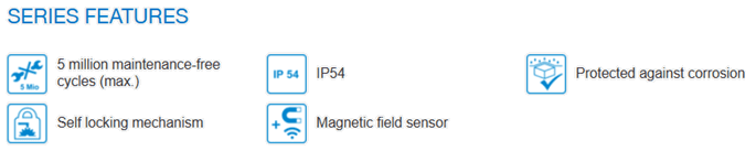 Icons depicting IP54 protection and magnetic field sensor features.