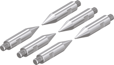 Close-up of various metallic pen nibs arranged diagonally on a white background.