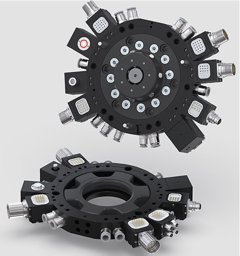 Two views of a black mechanical rotary switch with multiple contact points.