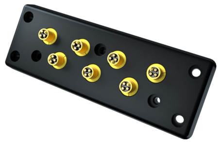 Black panel with eight yellow circular connectors