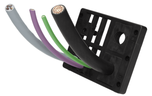Multicolored electrical wires emerging from black plate