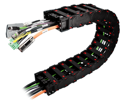 Black cable carrier chain holding assorted cables