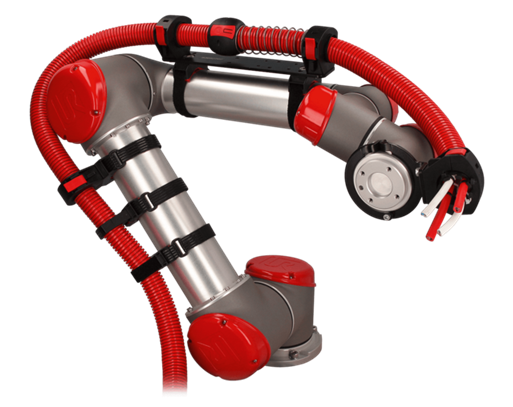 Red and silver industrial robotic arm