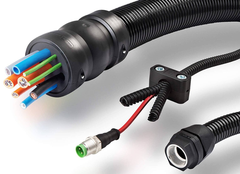 Corrugated conduit with colored cables and connectors