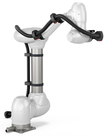 White articulated robotic arm with flexible hoses