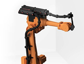 Orange industrial robotic arm with black cables